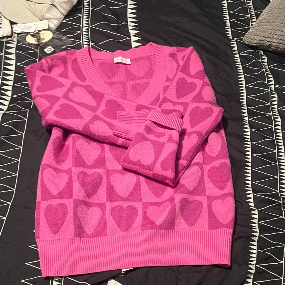 Pink Lily V-Neck Sweater with Heart Design